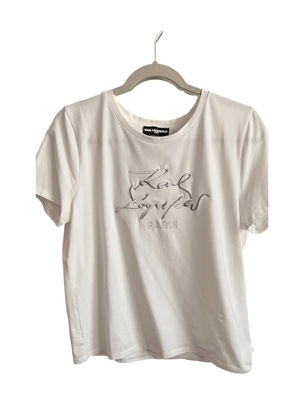 Karl Lagerfeld White Embroidered Script Logo Short Sleeve Tee